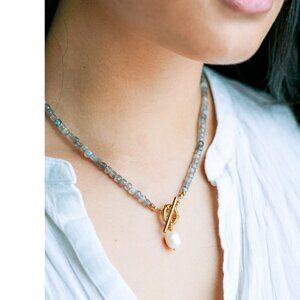 Labradorite Beaded Necklace Pearl Pendant Toggle Clasp 18K Gold Waterproof Jewel